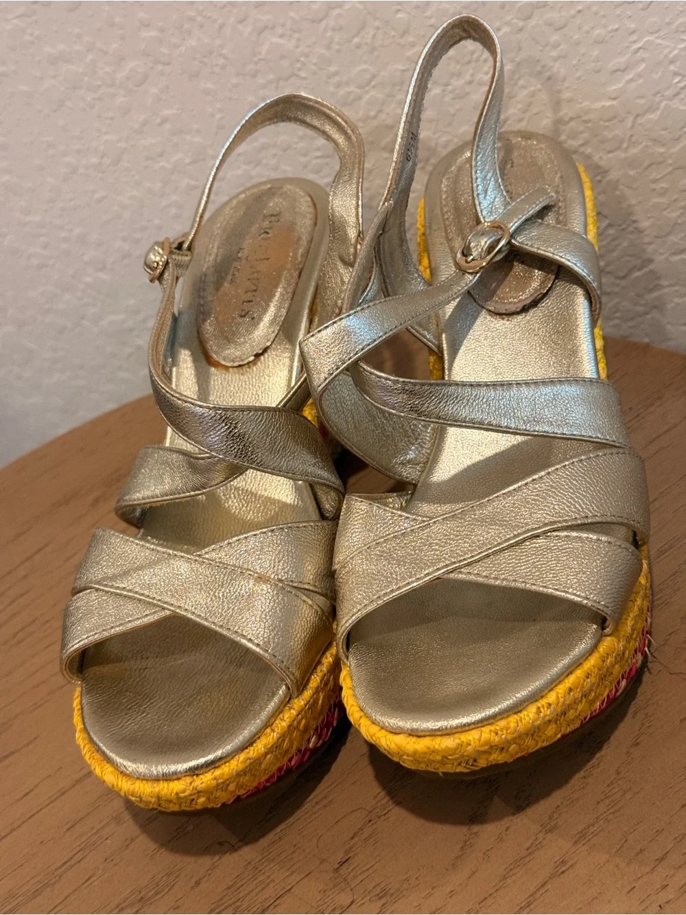 Eric Javits Metallic Gold Strappy Wedge Sandals with Colorful Espadrille Heel